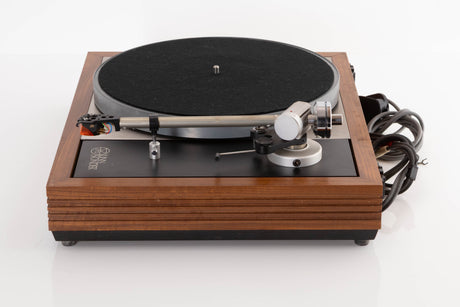 Side view of a Linn LP12 Turntable in Afromosia with Ittok LVII Tonearm and Ortofon 2M Bronze Cartridge