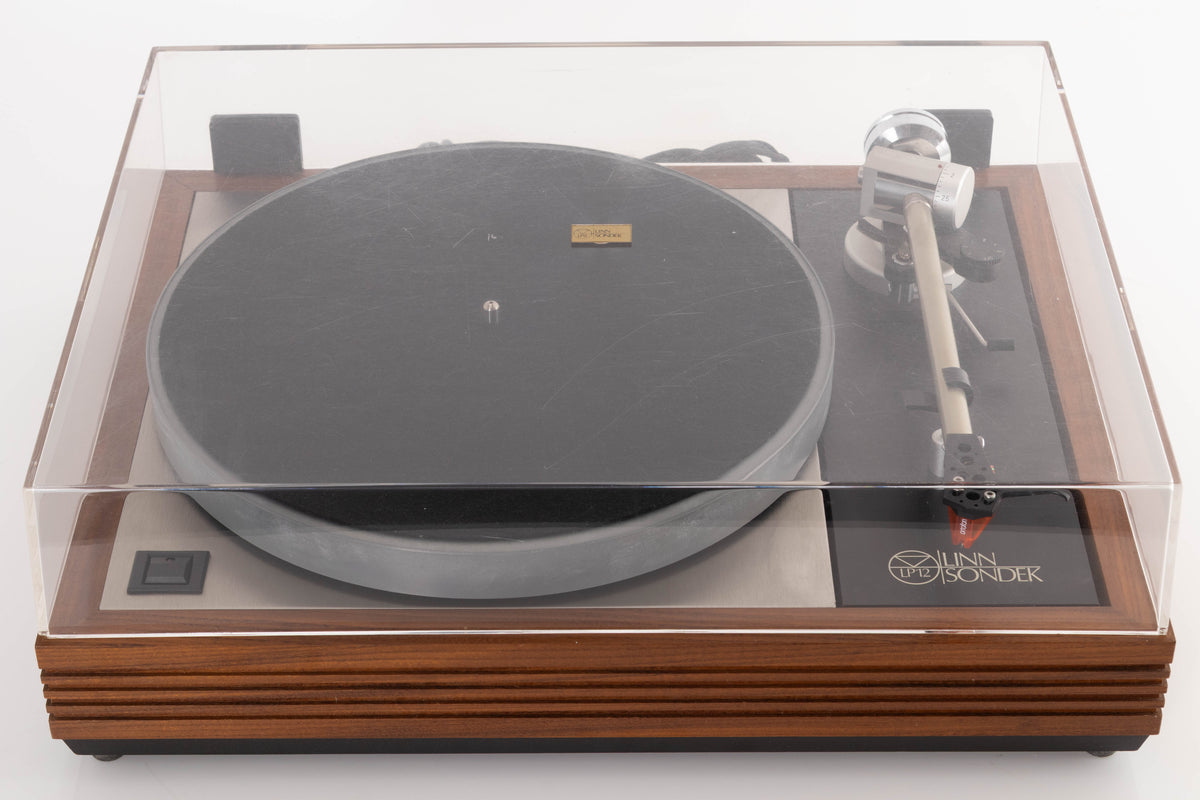 Top view of a Linn LP12 Turntable in Afromosia with Ittok LVII Tonearm and Ortofon 2M Bronze Cartridge