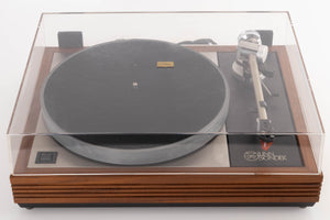 Top view of a Linn LP12 Turntable in Afromosia with Ittok LVII Tonearm and Ortofon 2M Bronze Cartridge