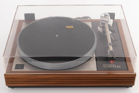 Top view of a Linn LP12 Turntable in Afromosia with Ittok LVII Tonearm and Ortofon 2M Bronze Cartridge