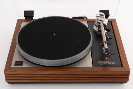 Top view of a Linn LP12 Turntable in Afromosia with Ittok LVII Tonearm and Ortofon 2M Bronze Cartridge