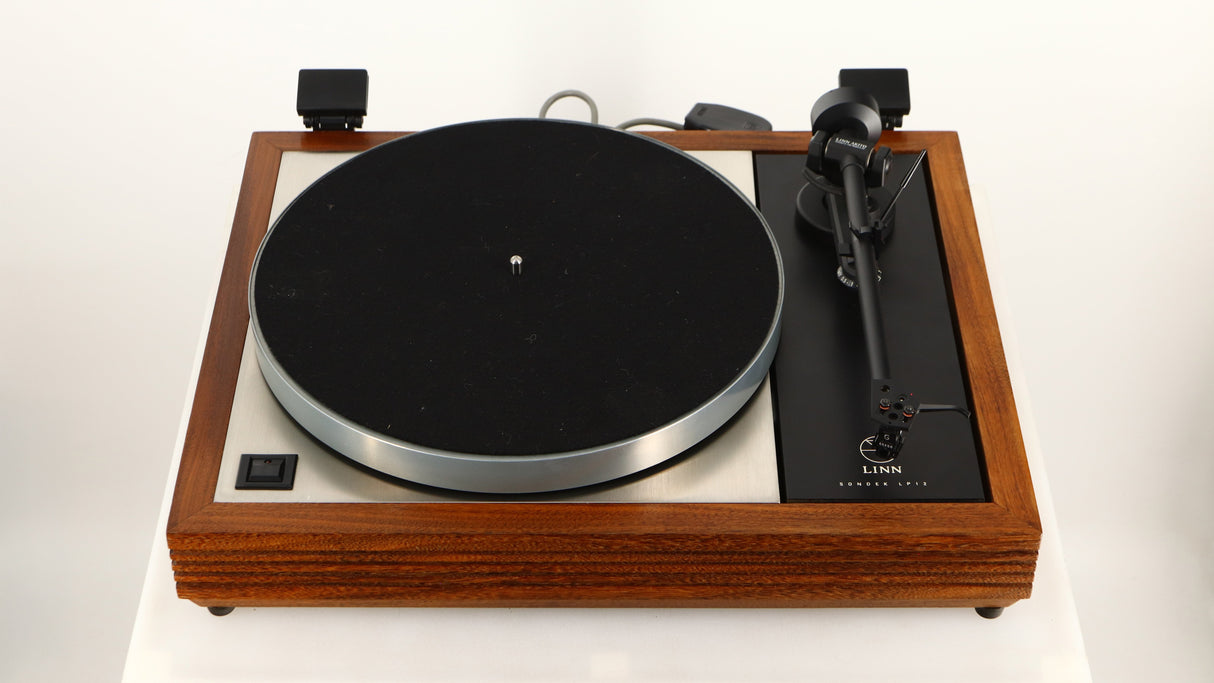 Front view of a used Linn LP12 Turntable / Akito Tonearm / Grado Prestige Blue Cartridge in an afromosia finish