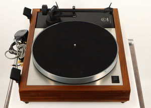 Left side view of a used Linn LP12 Turntable / Akito Tonearm / Grado Prestige Blue Cartridge in an afromosia finish