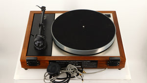 Rear view of a used Linn LP12 Turntable / Akito Tonearm / Grado Prestige Blue Cartridge in an afromosia finish