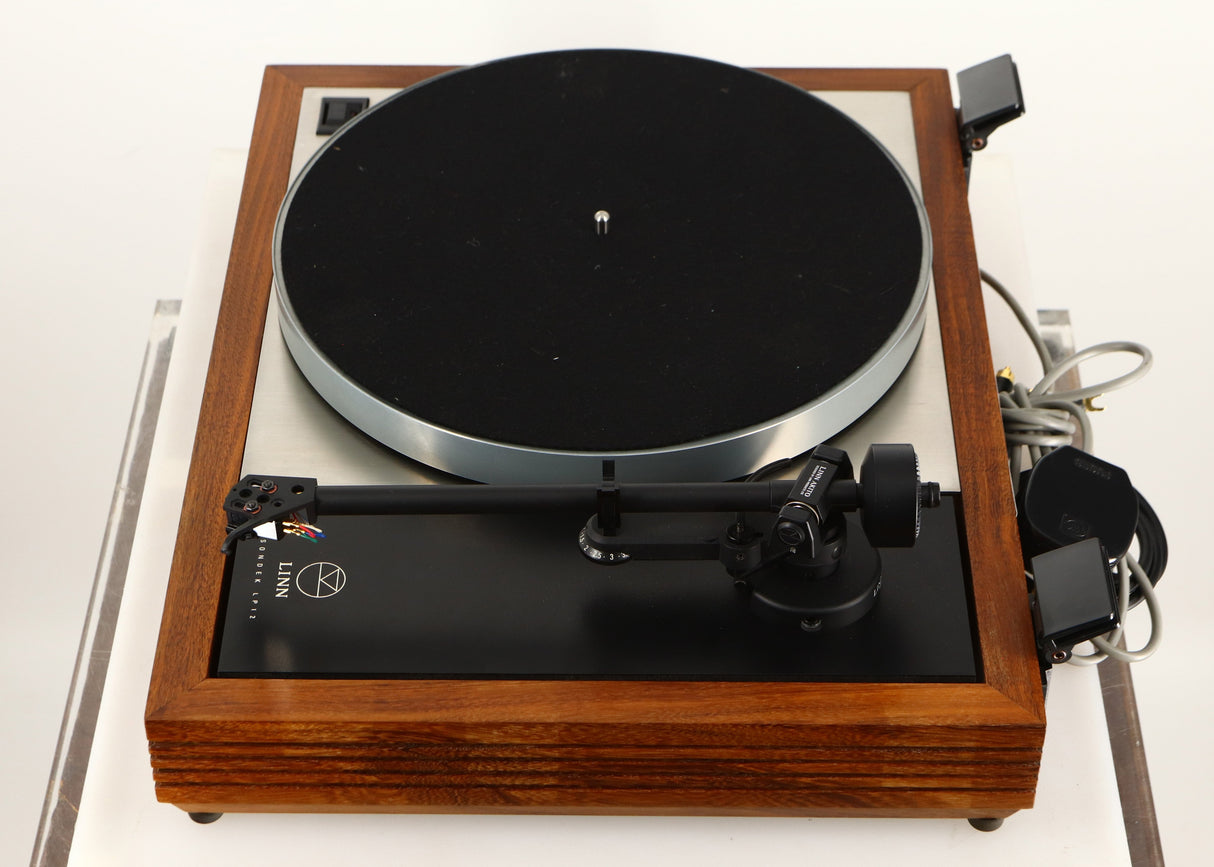 Right side view of a used Linn LP12 Turntable / Akito Tonearm / Grado Prestige Blue Cartridge in an afromosia finish