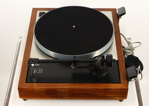 Right side view of a used Linn LP12 Turntable / Akito Tonearm / Grado Prestige Blue Cartridge in an afromosia finish