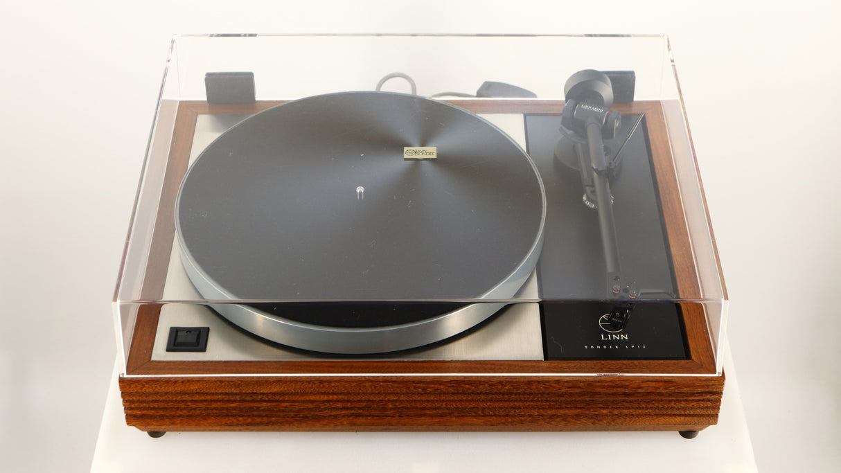 Front view of a used Linn LP12 Turntable / Akito Tonearm / Grado Prestige Blue Cartridge in an afromosia finish showing lid