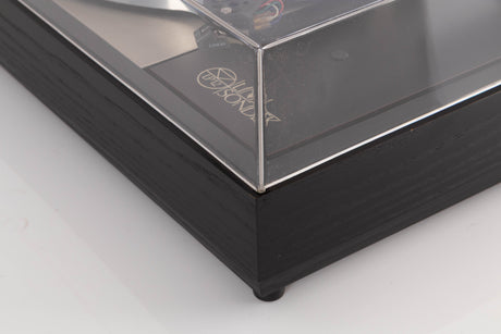 Front right corner of a used Linn LP12 Turntable / Basik Plus Tonearm / K-9 Cartridge in a Black Ash finish