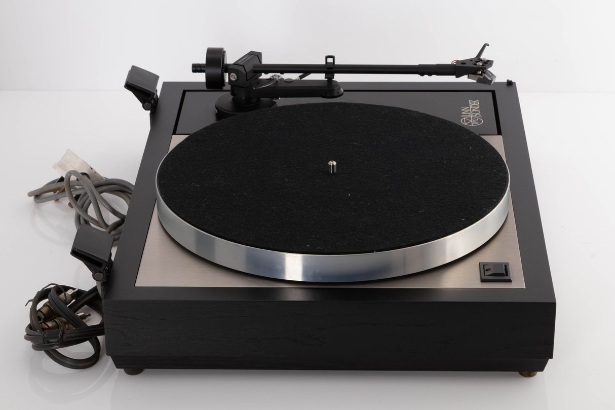 Left side view of a used Linn LP12 Turntable / Basik Plus Tonearm / K-9 Cartridge in a Black Ash finish