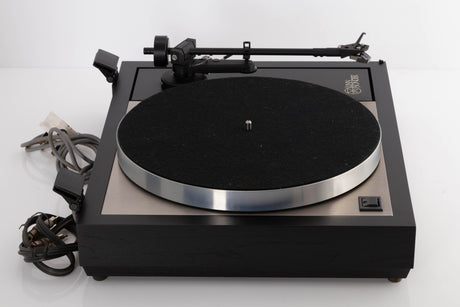 Left side view of a used Linn LP12 Turntable / Basik Plus Tonearm / K-9 Cartridge in a Black Ash finish
