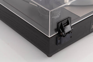 Rear right corner of a used Linn LP12 Turntable / Basik Plus Tonearm / K-9 Cartridge in a Black Ash finish
