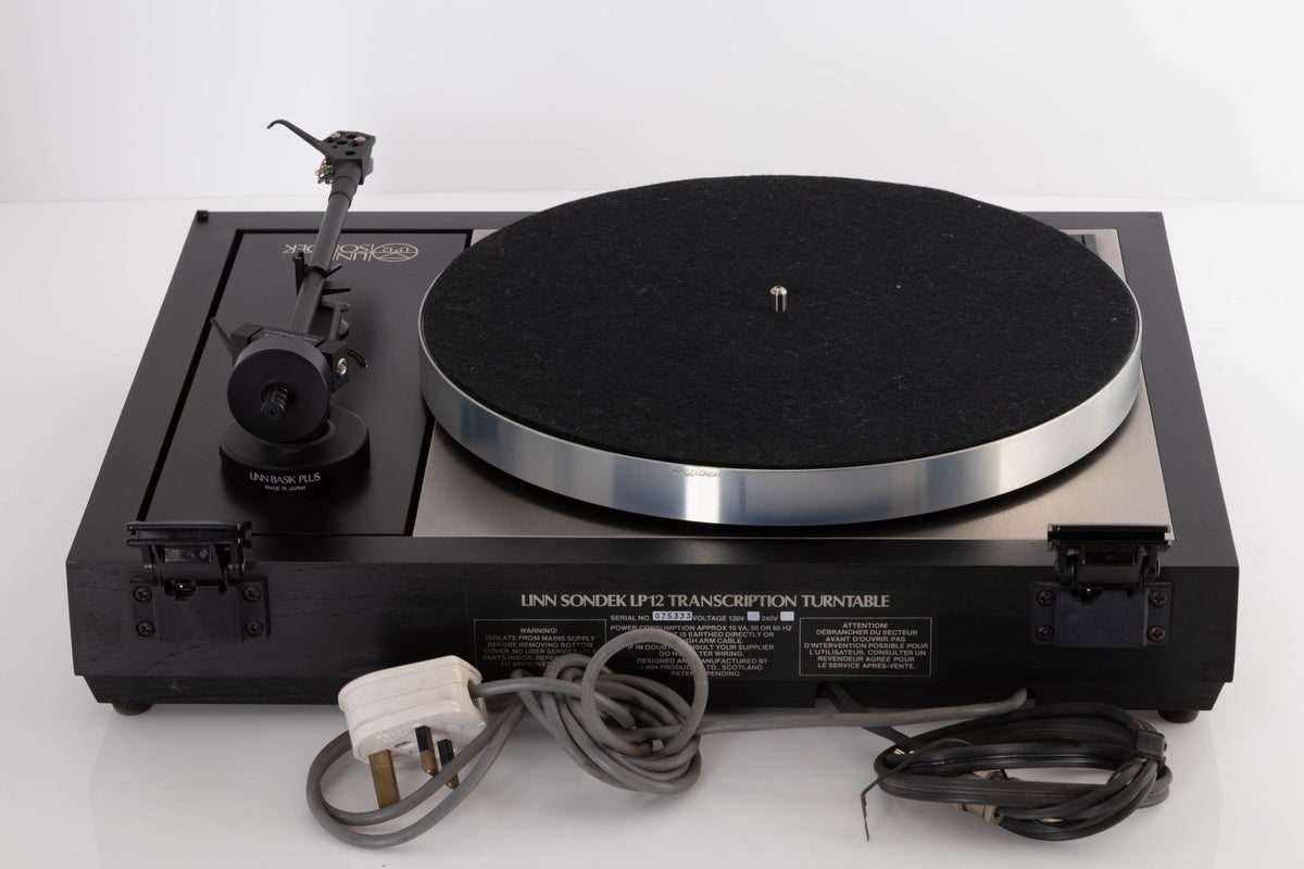 Rear view of a used Linn LP12 Turntable / Basik Plus Tonearm / K-9 Cartridge in a Black Ash finish