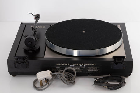 Rear view of a used Linn LP12 Turntable / Basik Plus Tonearm / K-9 Cartridge in a Black Ash finish