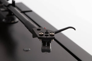 Close up of a used Linn LP12 Turntable / Basik Plus Tonearm / K-9 Cartridge in a Black Ash finish showing stylus