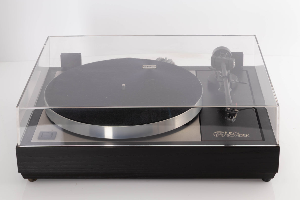 Top of a used Linn LP12 Turntable / Basik Plus Tonearm / K-9 Cartridge in a Black Ash finish showing Lid