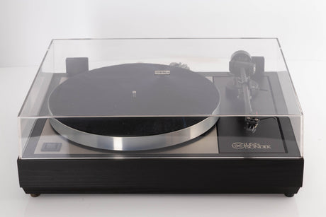 Top of a used Linn LP12 Turntable / Basik Plus Tonearm / K-9 Cartridge in a Black Ash finish showing Lid