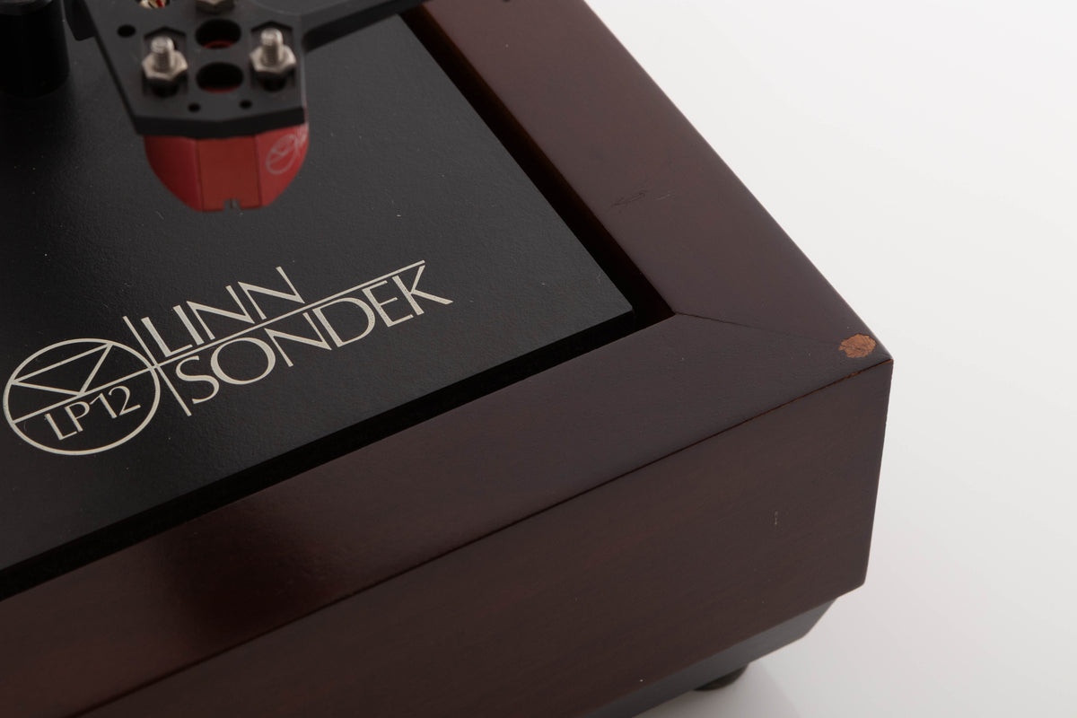 Close up view of a used Linn LP12 Turntable with Black Ittok Tonearm and Troika Cartridge