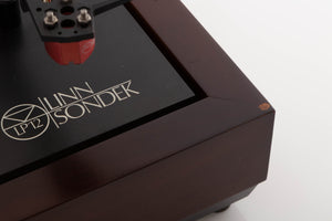 Close up view of a used Linn LP12 Turntable with Black Ittok Tonearm and Troika Cartridge