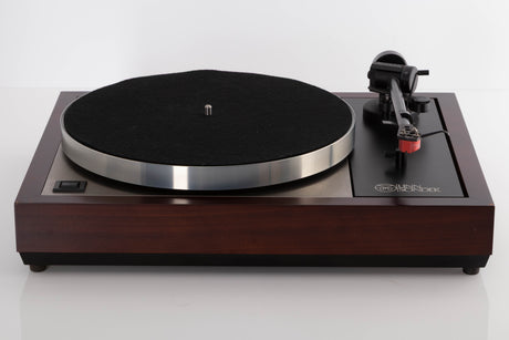 Front view of a used Linn LP12 Turntable with Black Ittok Tonearm and Troika Cartridge