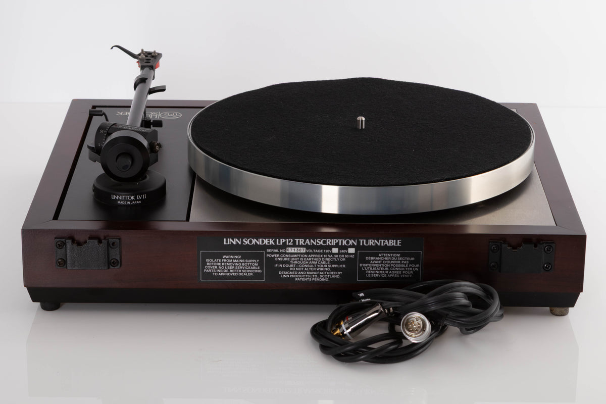 Rear view of a used Linn LP12 Turntable with Black Ittok Tonearm and Troika Cartridge