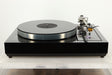 Front view of a Linn LP12 Turntable in Black Gloss finish with Funk Firm Vector Link Upgrade, Ittok Tonearm, and Dynavector Karat D17D3 Cartridge