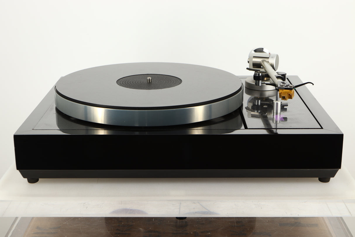 Front view of a Linn LP12 Turntable in Black Gloss finish with Funk Firm Vector Link Upgrade, Ittok Tonearm, and Dynavector Karat D17D3 Cartridge