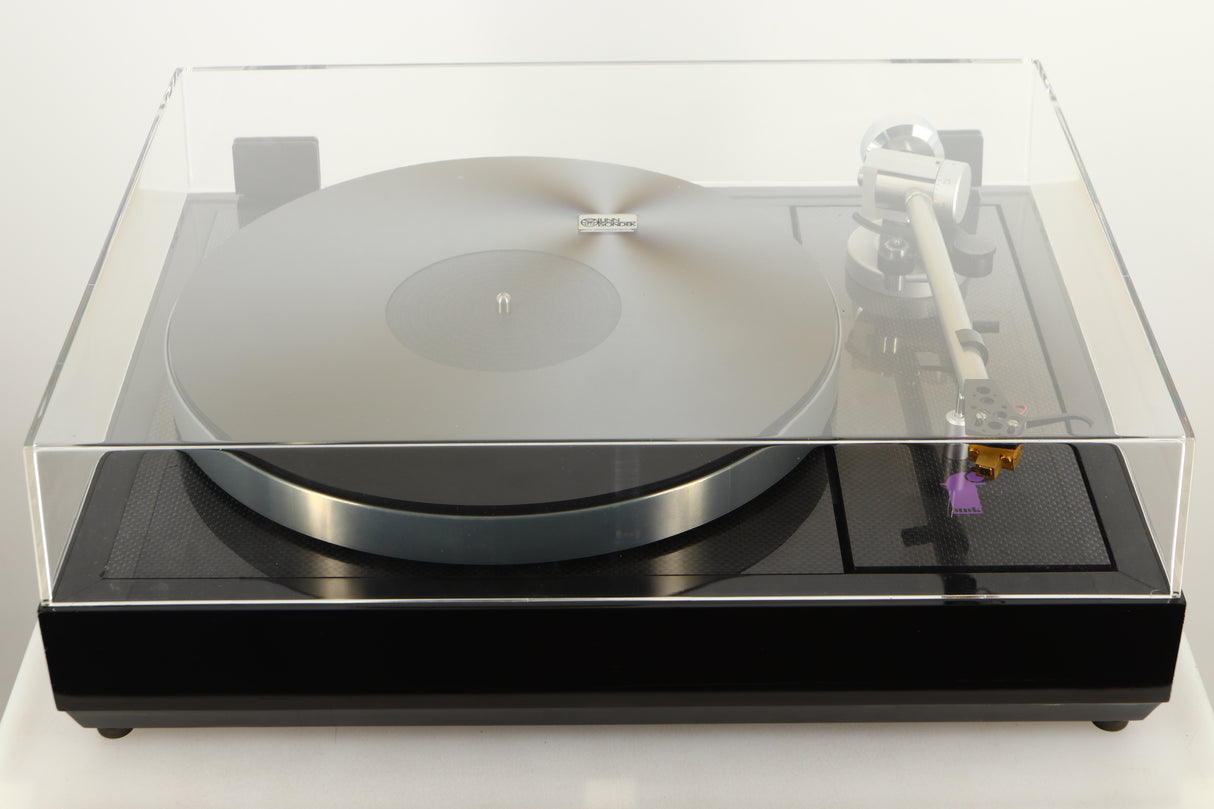 Top view of a Linn LP12 Turntable in Black Gloss finish with Funk Firm Vector Link Upgrade, Ittok Tonearm, and Dynavector Karat D17D3 Cartridge