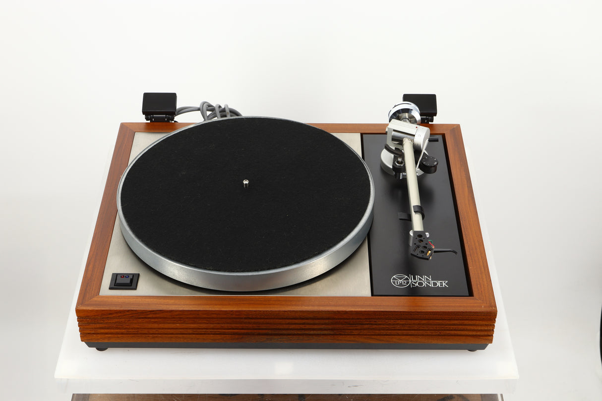 Front view of a used Linn LP12 Turntable / Ittok Tonearm / Hercules Power Supply in a afromosia finish