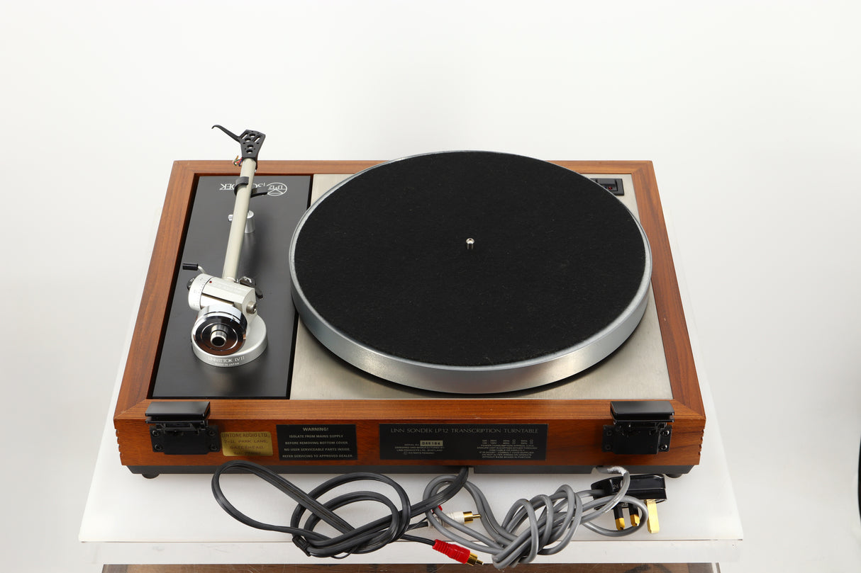 Rear view of a used Linn LP12 Turntable / Ittok Tonearm / Hercules Power Supply in a afromosia finish