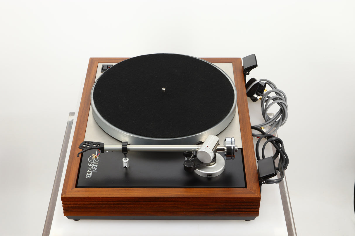 Right side view of a used Linn LP12 Turntable / Ittok Tonearm / Hercules Power Supply in a afromosia finish