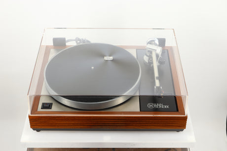 Top of a used Linn LP12 Turntable / Ittok Tonearm / Hercules Power Supply in a afromosia finish