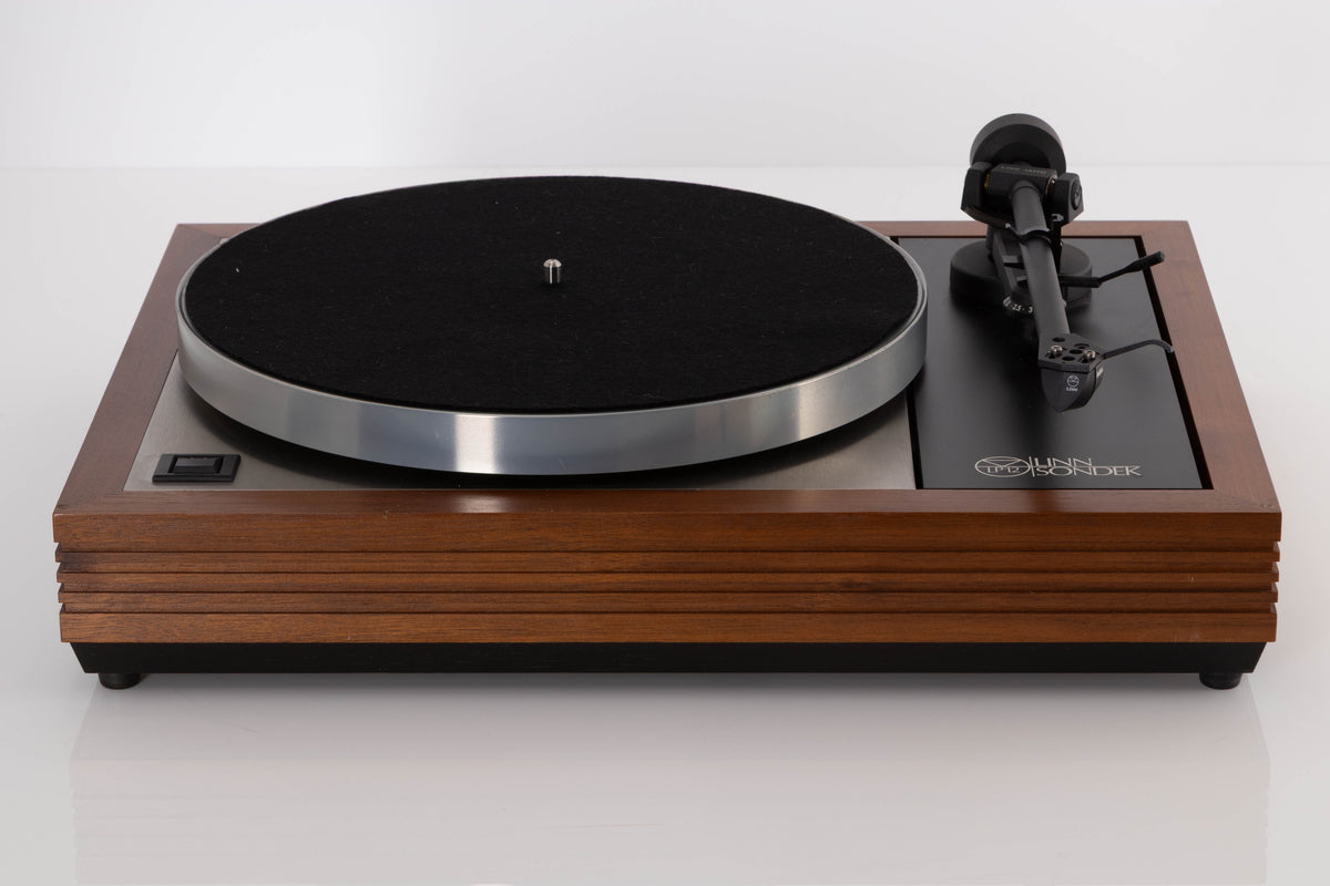Front view of a used Linn LP12 Turntable in Afromosia with Akito Tonearm and Adikt Cartridge