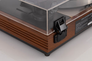 Rear left corner view of a used Linn LP12 Turntable in Afromosia with Akito Tonearm and Adikt Cartridge