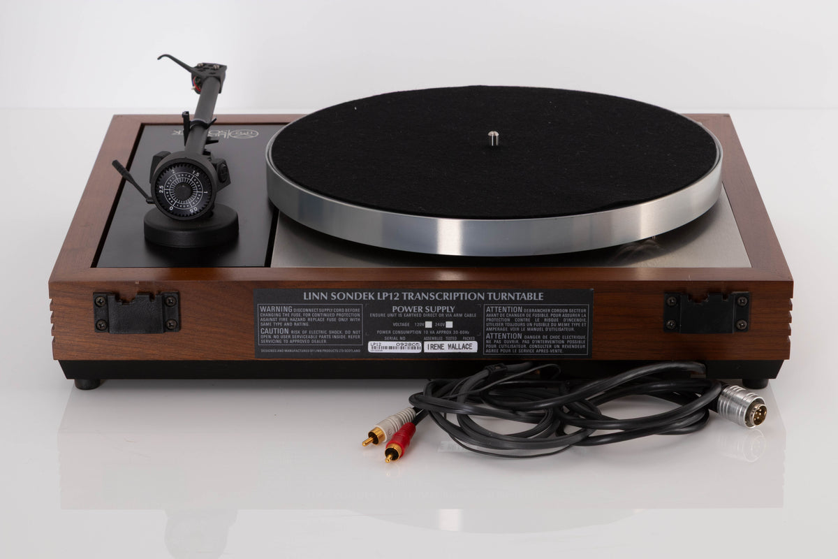 Rear view of a used Linn LP12 Turntable in Afromosia with Akito Tonearm and Adikt Cartridge