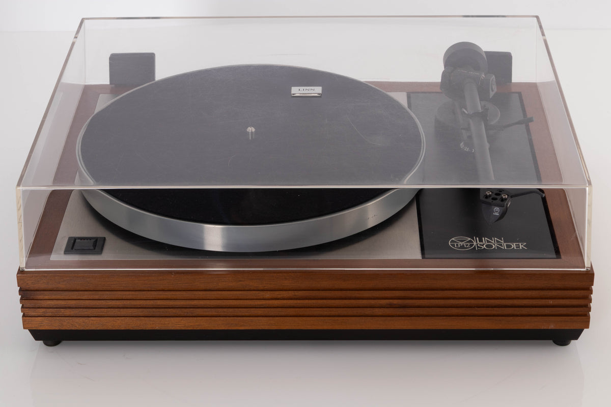Top view of a used Linn LP12 Turntable in Afromosia with Akito Tonearm and Adikt Cartridge