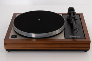 Top view of a used Linn LP12 Turntable in Afromosia with Akito Tonearm and Adikt Cartridge