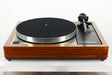 Front view of a used Linn LP12 Turntable in Afromosia finish fitted with a Valhalla power supply board, and an Ekos tonearm 