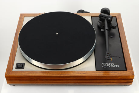Top view of a used Linn LP12 Turntable in Afromosia finish fitted with a Valhalla power supply board, and an Ekos tonearm 