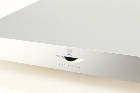 Close up of a used Linn Radikal 2 Utopic Turntable Power Supply in a silver finish showing some of the fascia