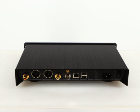 Rear view of a used Lumin D2 Network Streamer in a black finish showing USB Input, Mains Input and Network Input