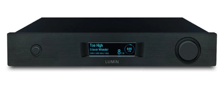 Front view of a Lumin M1 Network Streaming Amplifier in a black finish