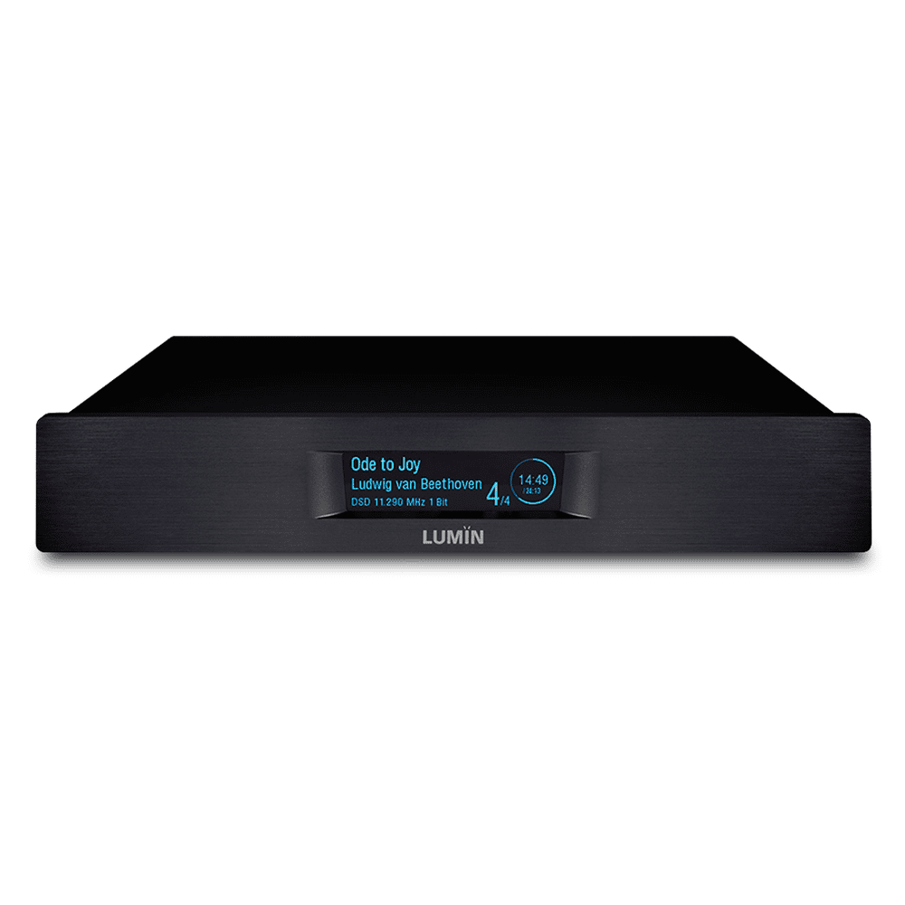 Front view of a Lumin U1 Streaming Transport in a black finish