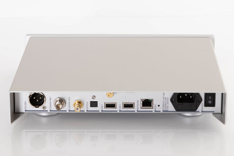 Rear view of a used Lumin U2 Mini Network Streamer in a Silver finish showing Mains Input, Network Input, USB Inputs, Optical Input, Coaxial Input and XLR Input