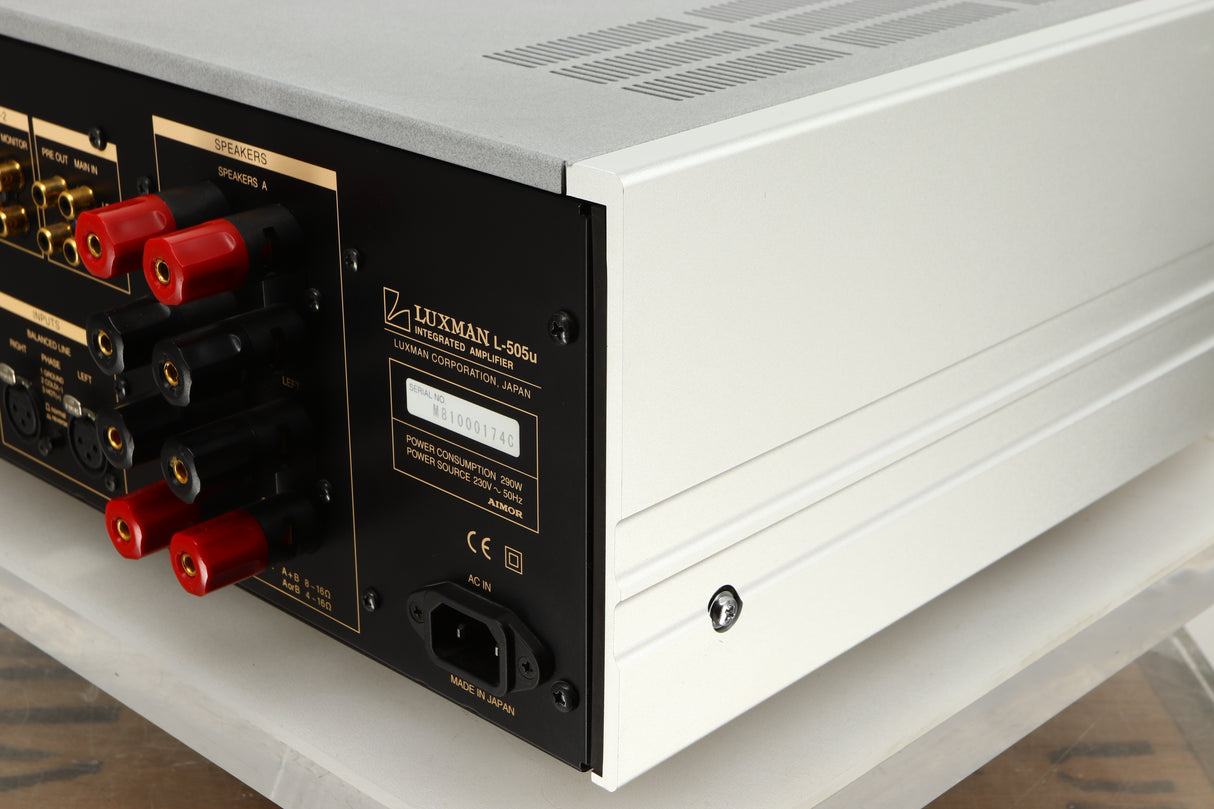 Rear right corner view of a used Luxman L-505u Integrated Amplifier