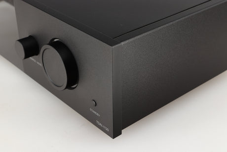 Front right corner of a used Lyngdorf TDAI-1120 Integrated Streaming System in a black finish