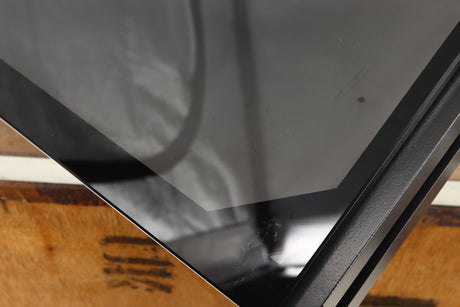 Close up of a used Mana Sound Turntable Wall Shelf in a black finish showing scratching on glass