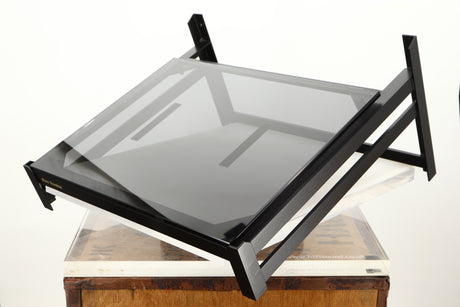 Front right corner of a used Mana Sound Turntable Wall Shelf in a black finish