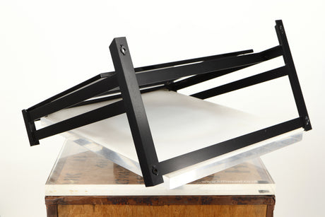 Rear right corner of a used Mana Sound Turntable Wall Shelf in a black finish