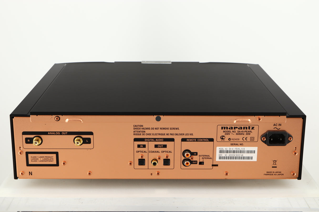 Rear view of a used Marantz 30th Anniversary SA-KI-PEARL SACD Player in a black finish showing Mains Input, Phono Input, Phono Outputs, Optical Input and Optical Output