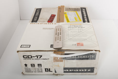 Box for a used Marantz CD-17 CD Player in a black finish showing Manual, Remote and Batteries